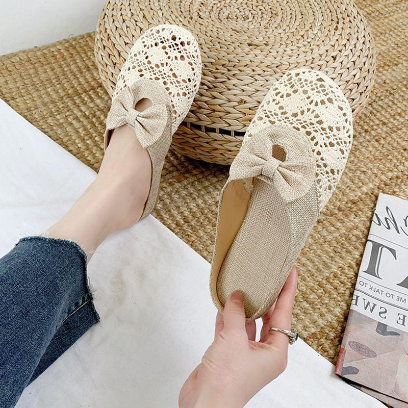 2025 New Fashion Slippers Women's Retro Hollow Bow Lazy Outer Wear Flat Bag Head Half Slippers Women