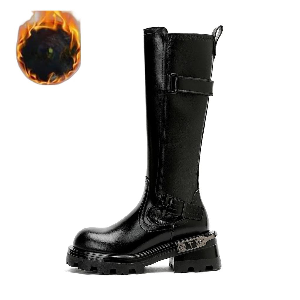 Denim Boots for Women Motorcycle Boots Retro Belt Buckle Round Head High Women Boots Ladies Platform Boot Shoes for Women