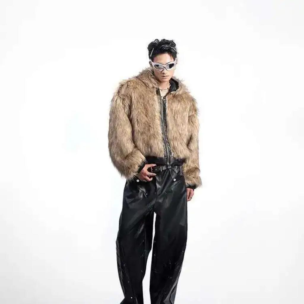 STREETRICH Pánské prošívané bundy Americký styl PU kůže Oboustranné Faux Fur Fleece Zesílené Jednobarevné Volné Pánské kabáty Trendy