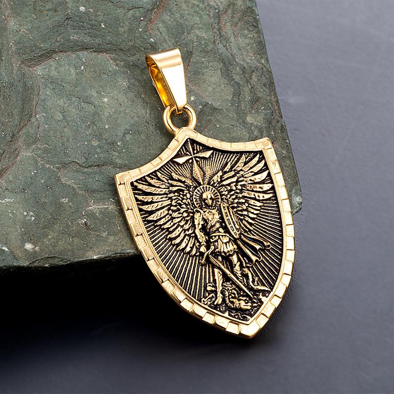 Saint Michael Archangel Stainless Steel Pendant Men's Necklace - Warrior Angel with Sword and Shield