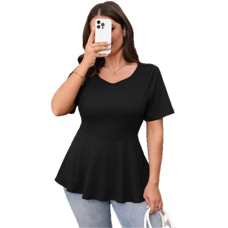 Women's New Black Round Neck Short Sleeve Bow Lace Up Top