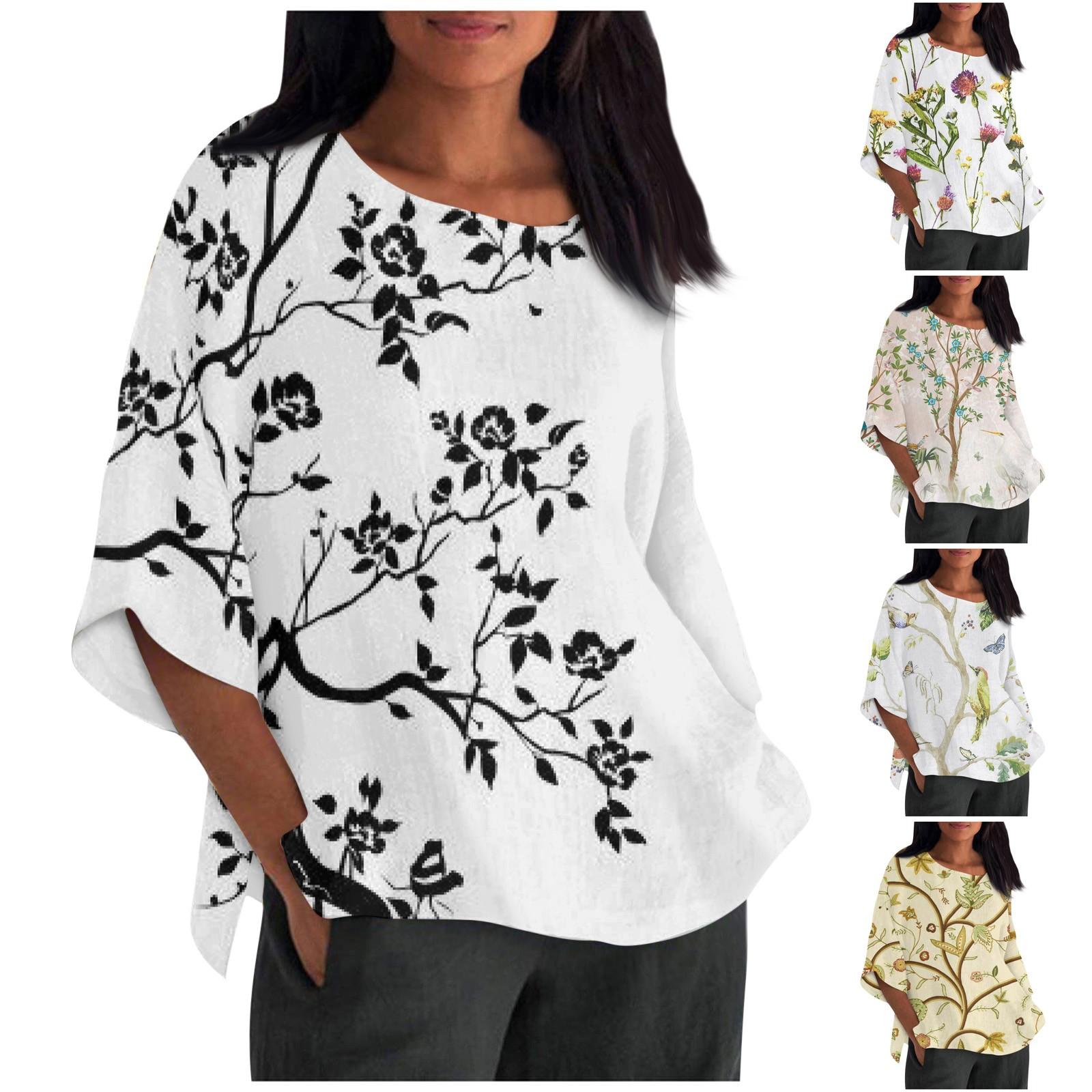 

Женская летняя хлопковая льняная футболка, топы с принтом, свободная блузка с рукавами семь четвертей, винтажная одежда с круглым вырезом, одежда больших размеров