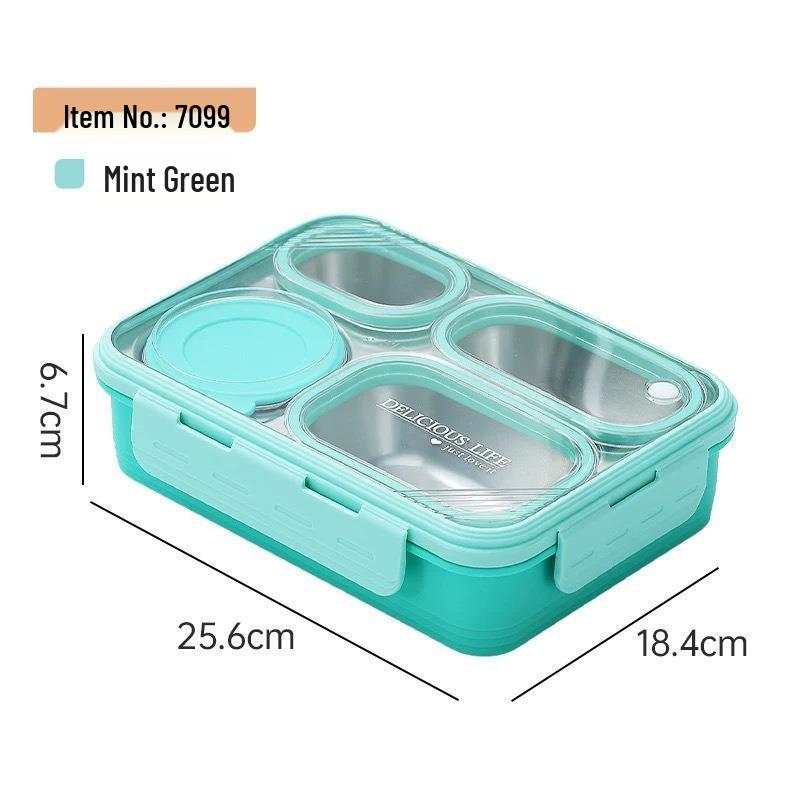 

Leak-Proof Stainless Steel Square Lunch Box with Four Compartments: Portable, Multi-Functional, Ideal for Work or School, Customizable Logo зелёный