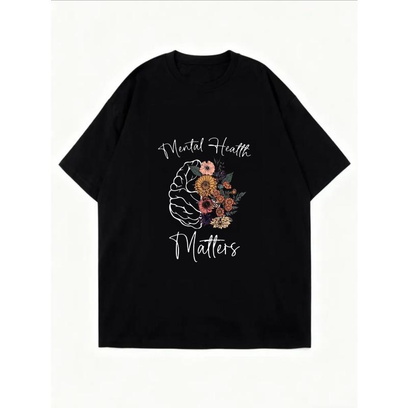Weißes Oversized T-Shirt Psychische Gesundheit zählt Florales Gehirn-Design für Freizeitkleidung und Alltagsoutfits