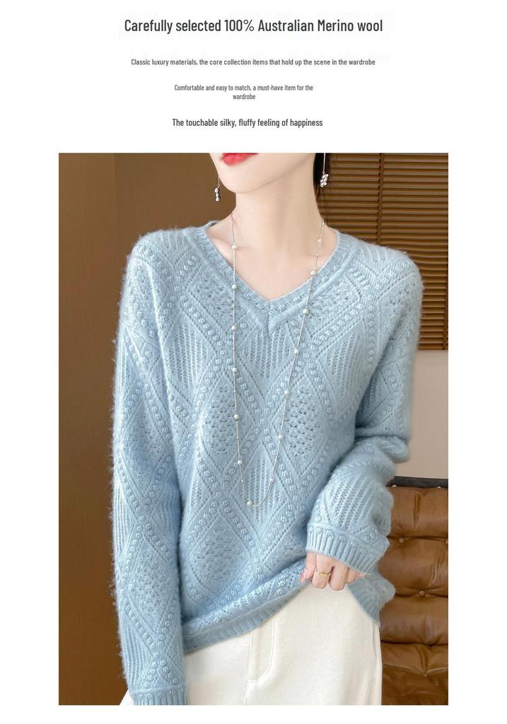 2024 Autumn/Winter Pure Wool V-Neck Loose Fit Women's Sweater with Hollow Diamond Cable Knit Design