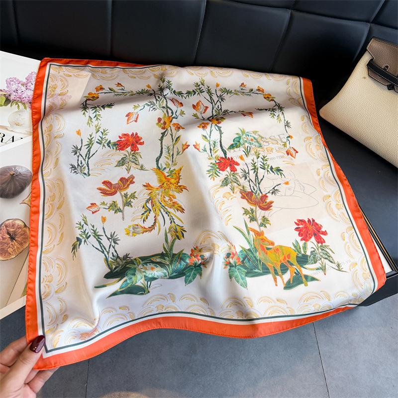 National Style Plant Simulation Silk Printing Women's Silk Scarf Square Scarf Premium Shawl Sunscreen Neck Scarf Headscarf Scarf