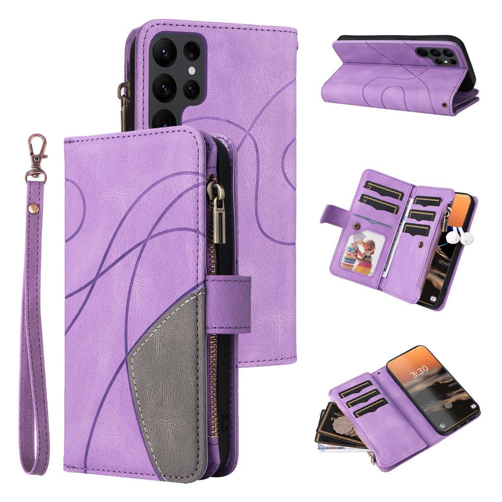 Stylish Dual-color Nine-card Zipper Case With Card Holder And Stand For Samsung A14
