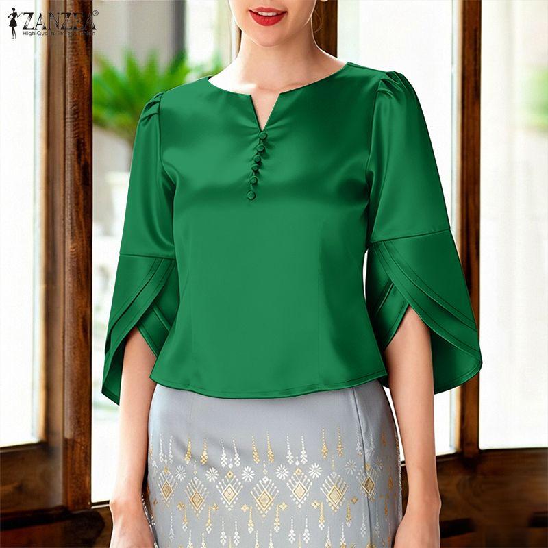 ZANZEA Women Casual V-Neck 3/4 Sleeve Loose Satin Blouse
