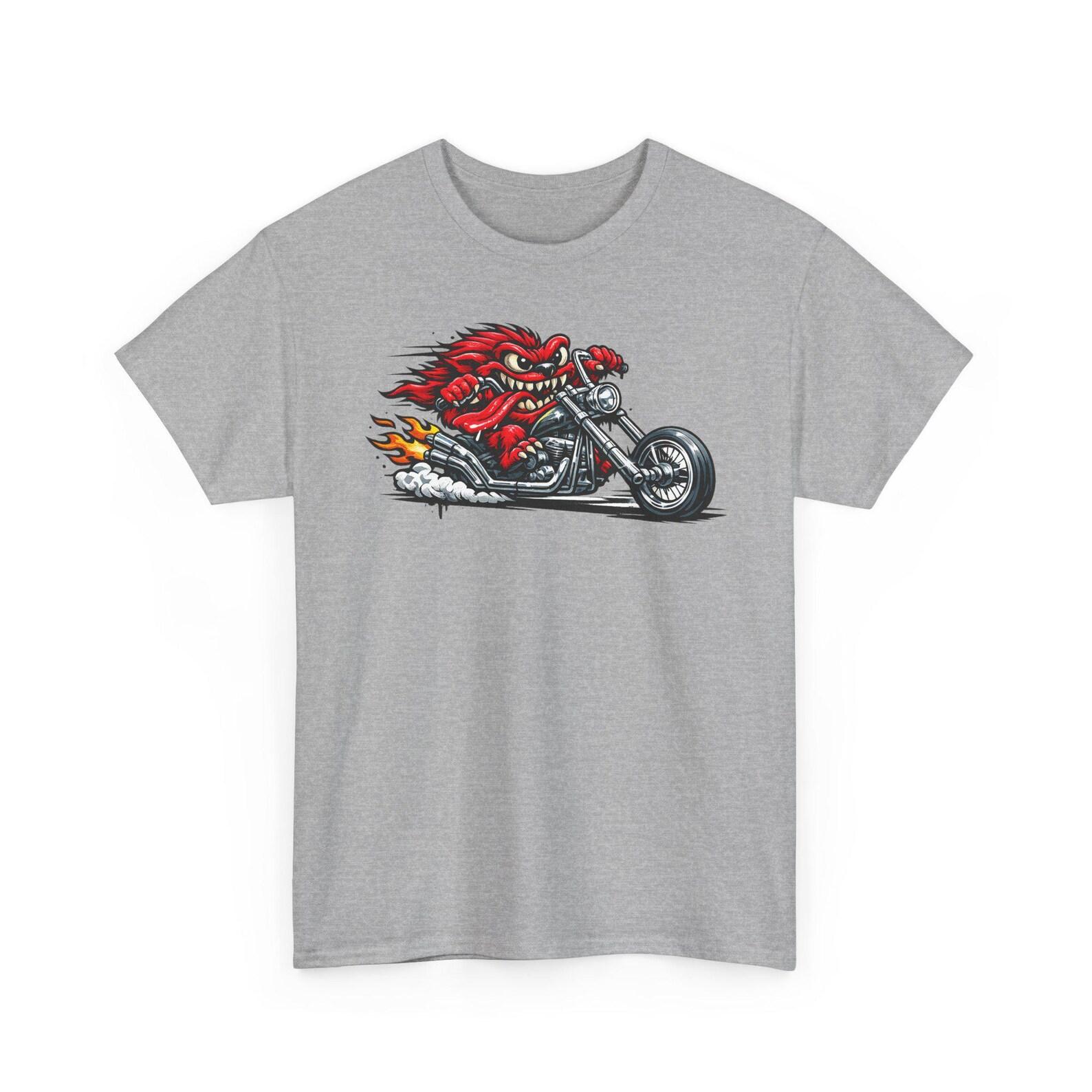 Flaming Demon Biker Chopper Tee | Retro Skull Motorcycle Graphic T-Shirt, Unisex Biker Gift Shirt L