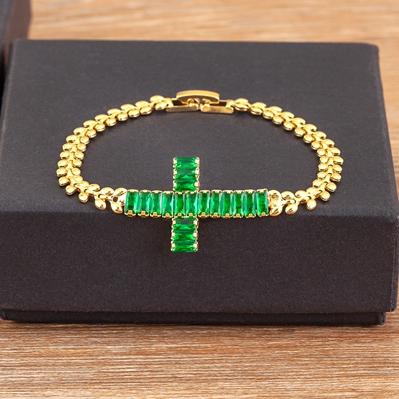 

Nidin Light Luxury 7 Colors Zircon Jesus Cross Gold Plated Leaf Chain Bracelet Charms Wrist Wear Jewelry Gift For Female Male зелений