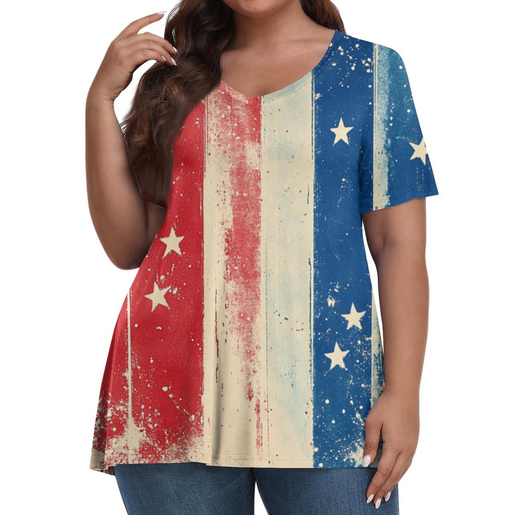 Women's Fashion Casual V-Neck Pullover Short Sleeve Large Size Independence Day Printed T-Shirt Top