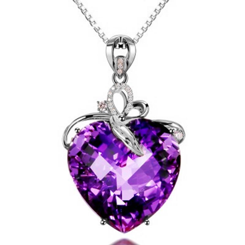 18K Gold Plated Amethyst & Diamond Heart Pendant Necklace with Creative Flower Leaf Design