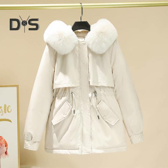 Casaco de inverno feminino com capuz peludo, mangas compridas, acolchoado, cordão, bolsos na cintura, casaco de algodão, fecho de zíper, comprimento médio, cor sólida, à prova de vento, casaco quente