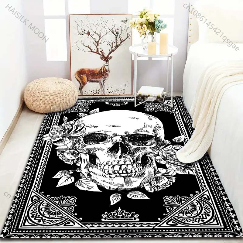 Black and White Skull Art Print Carpet for Living Room Bedroom Bedside Sofa Table Floor Mat Home Area Rug Decor Large Size