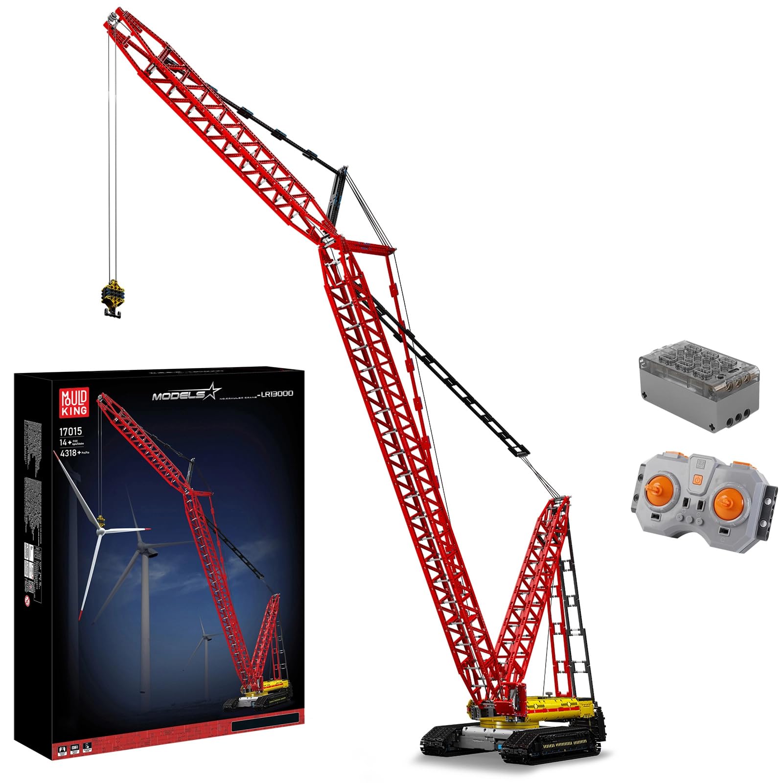 

Mould King 17015 Tech Crawler Crane Building Block Set, 188cm Tall LR-13000 Caterpillar Crane Building Blocks, 6-Engine Car Crane Set with Dual