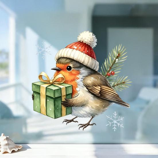 Window Clings for Glass Christmas Bird Static Clings, PVC Waterproof Decals with Santa Hat And Pattern Stickers Gift Box, Removable Holiday Home Door