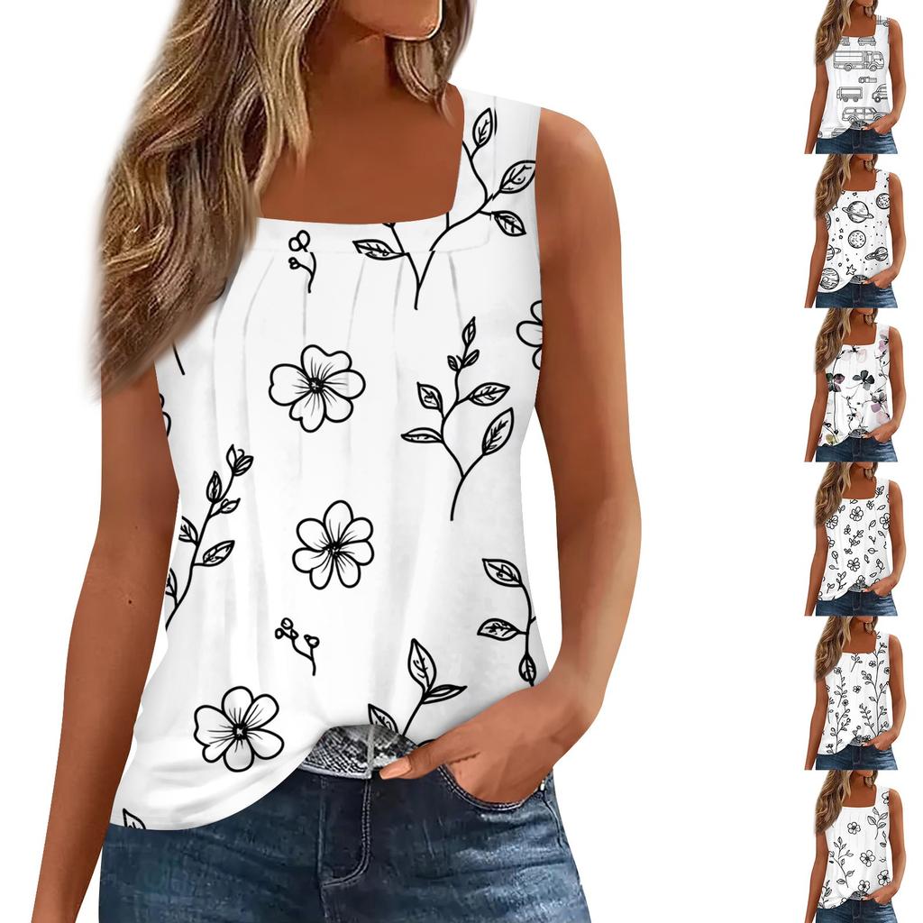 Modisches, lässiges Tanktop für Damen mit Blumendruck und quadratischem Ausschnitt, ärmellos