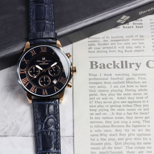 Salvatore Marra Men's Navy Chronograph Watch, 10 ATM Water Resistant, Leather Strap, SM15104S-PGNVPG