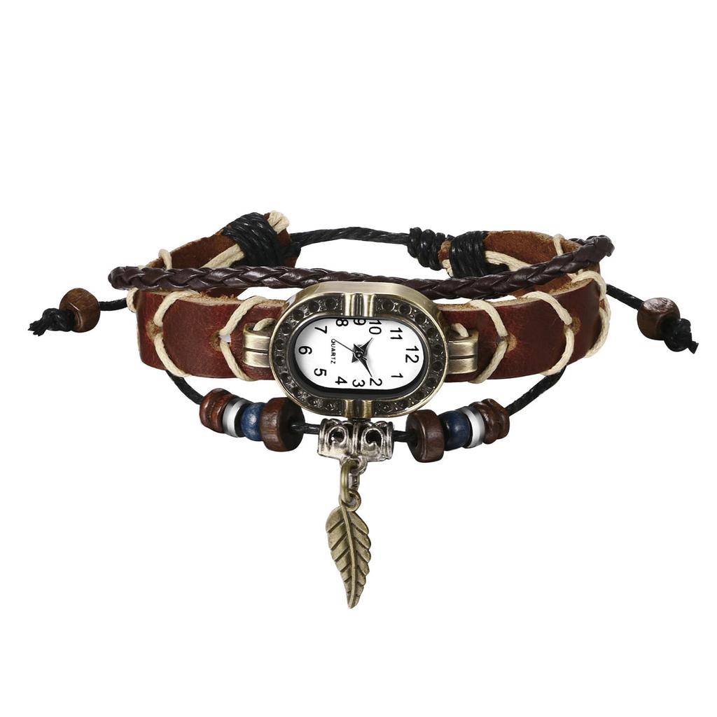Antique Leather Belt Analog Prayer Beads Leaf Bracelet Watch Braided Leather Belt Square Watch Casual Accessories Birthday Christmas Day Gift for
