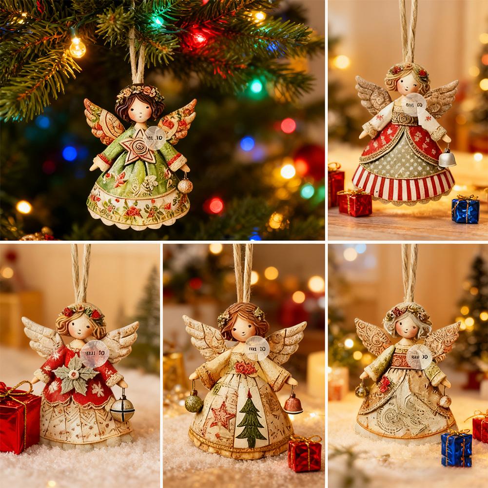 6/12/24PCS Christmas Tree Decorations 2D Angel With Bell Hanging Ornaments Wooden Angel-Shaped Pendants for Xmas Tree Home Decor