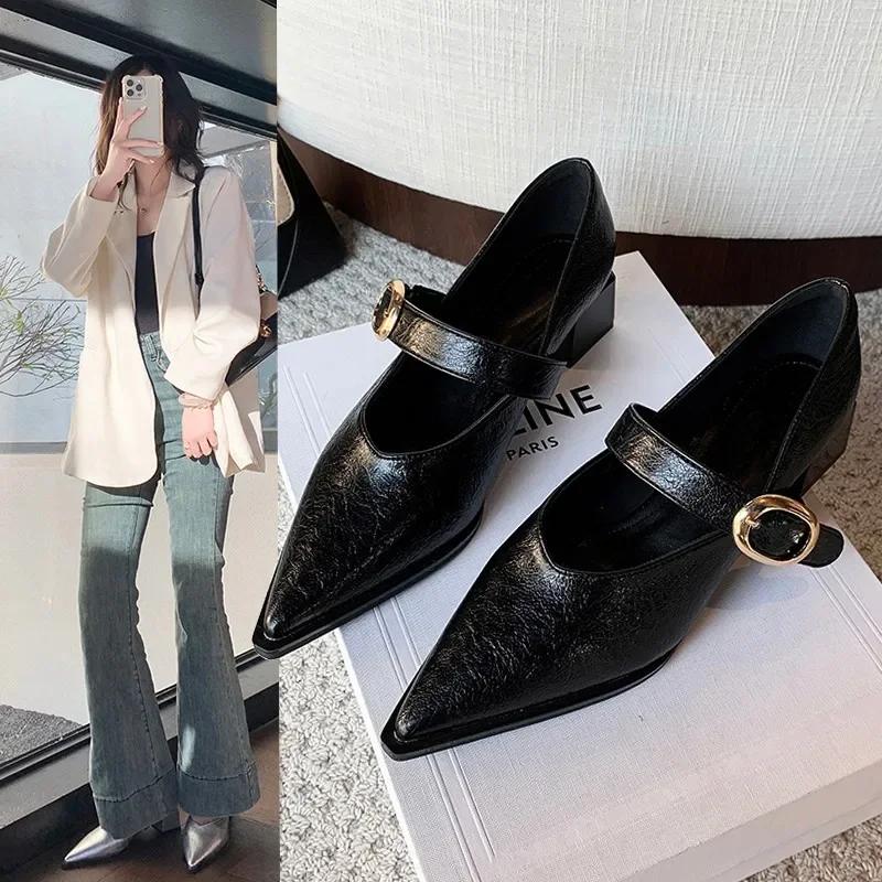 Fashion 2025Spring Women's Heeled Single Shoes Fashionable Mid-heel Gold Buckle  Jane Shoes  Pointed Toe Boat Shoes Zapatos Mujer
