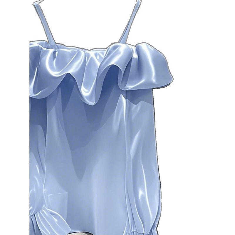 French Style Satin Blouse - Women's Off Shoulder Ruffle Trim Top