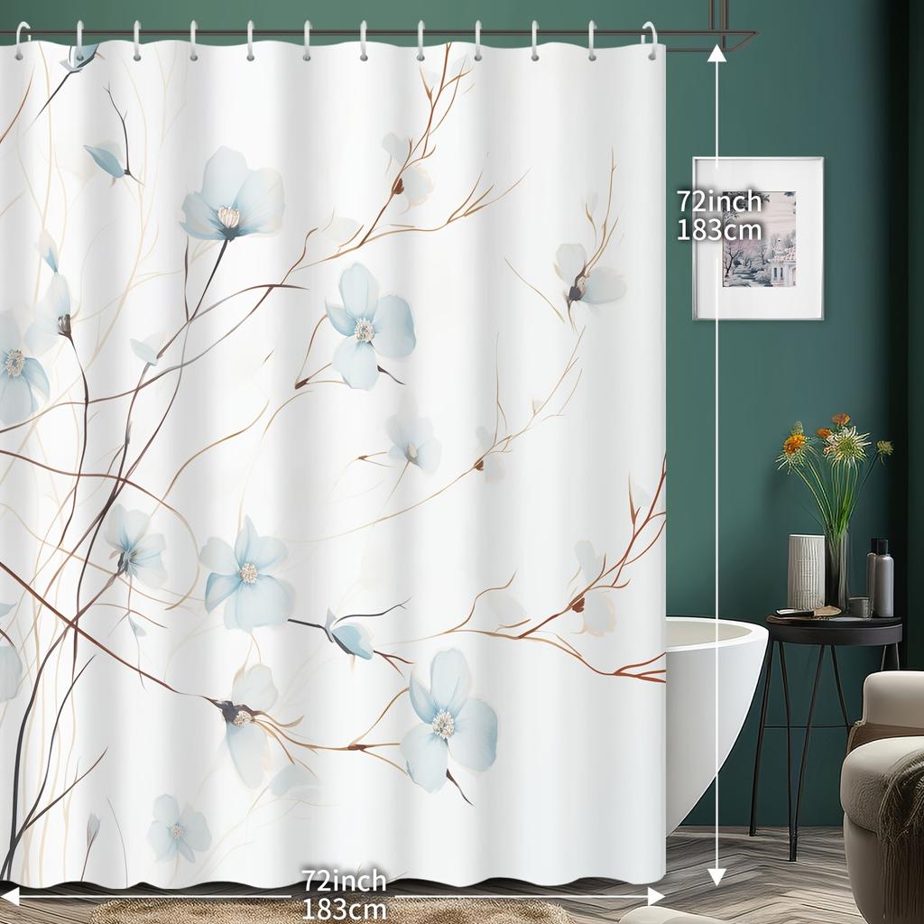 Floral Print Shower Curtain - Blue & White Flower Design, Polyester Fabric With Grommet Top, Bathroom, Hotel, Apartment Decor