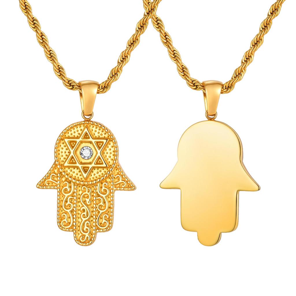 Hamsa Hand Star of David Necklace 18K Gold Plated Stainless Steel Protection Amulet Cubic Zirconia Pendant for Women