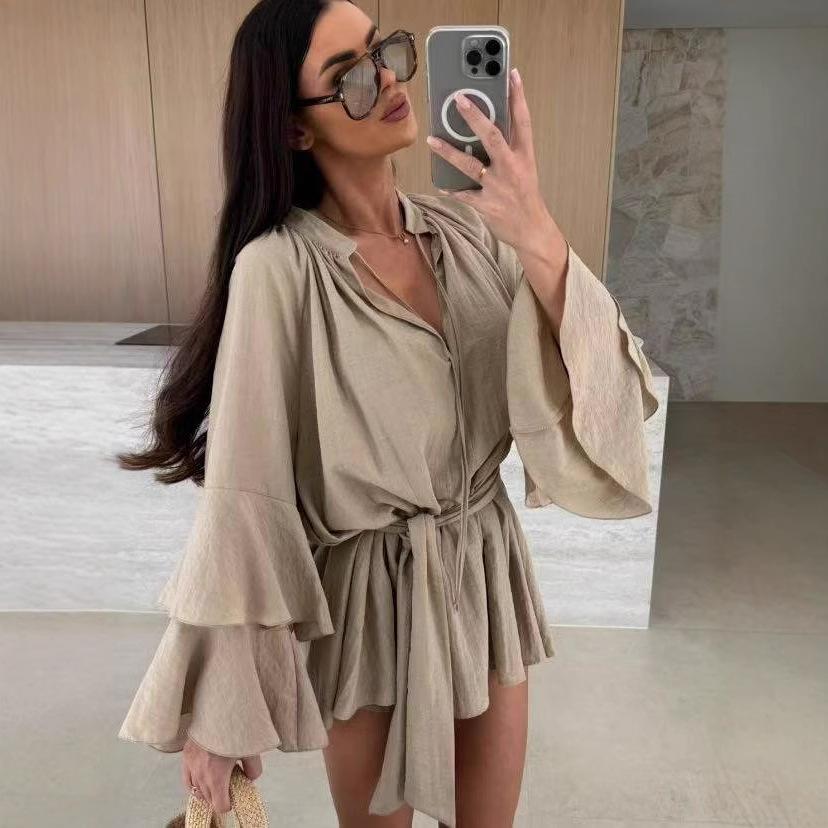 Spring Summer Ruffle Loose Mini Dress Casual Flare Sleeve Holiday Dresses Sexy Deep V Lace Up Solid Color Women's Dress Vestidos