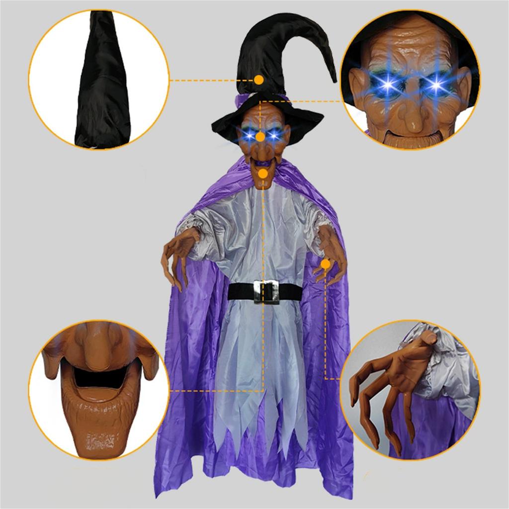 Halloween Decor Animated Purple Witch Hanging House Prop Decorations LED Eyes