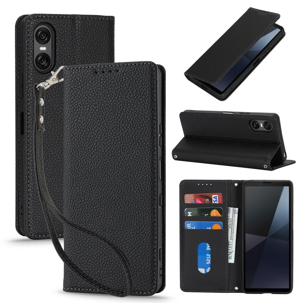 For Sony Xperia 10 VI Case Stand Wallet Litchi Texture Leather Flip Phone Cover with Strap