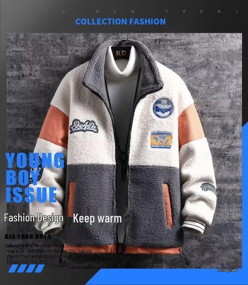 Men's Trendy Hooded Cotton Jacket - Lambswool, Plus Size, Autumn/Winter, Hong Kong Style, Loose Fit, Casual, Warm, Couple's Outerwear