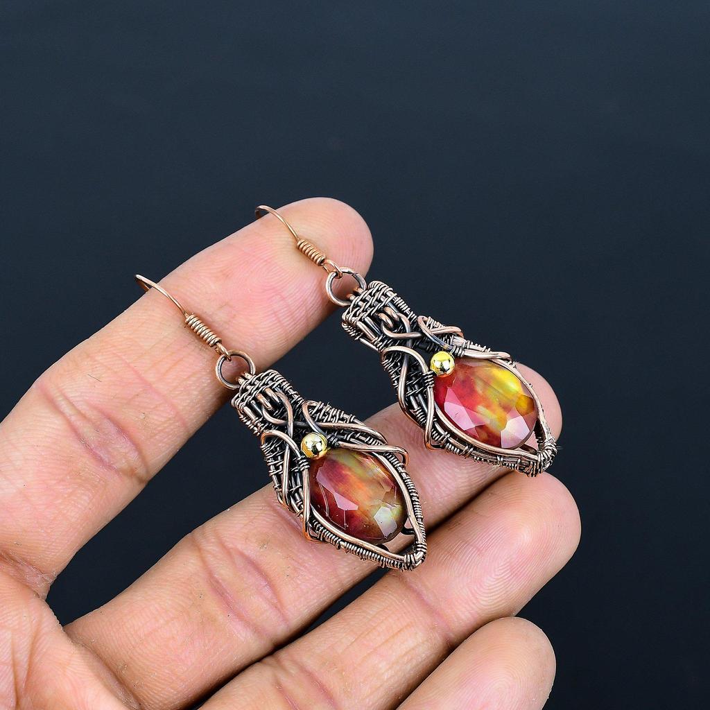 Ammolite Earrings Gemstone Jewelry, 999 Copper Wire Wrapped Handmade Earrings, Latest Design Jewelry