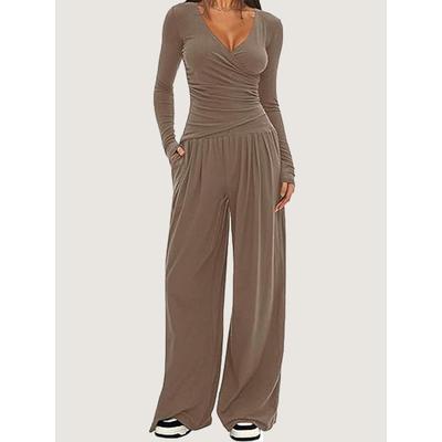 Set de loungewear pentru femei din 2 piese: Top cu decolteu în V și mânecă lungă & Pantaloni cu picior larg - Ținută casual de toamnă