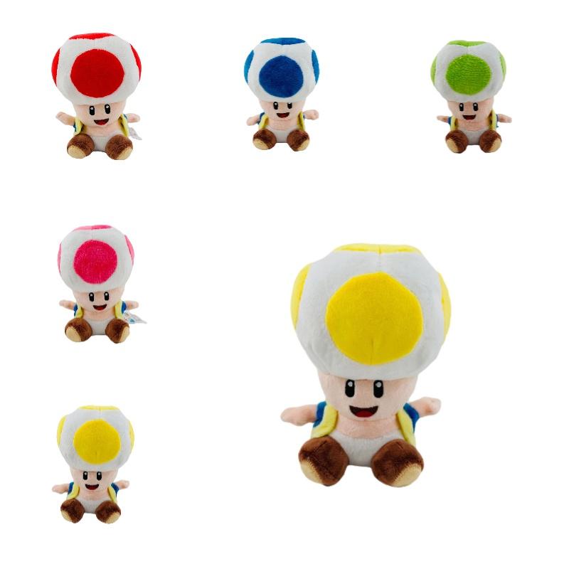 Super Mario 17cm Toad Plüschtier Mit 5 Bunten Sitzenden Pilzfiguren