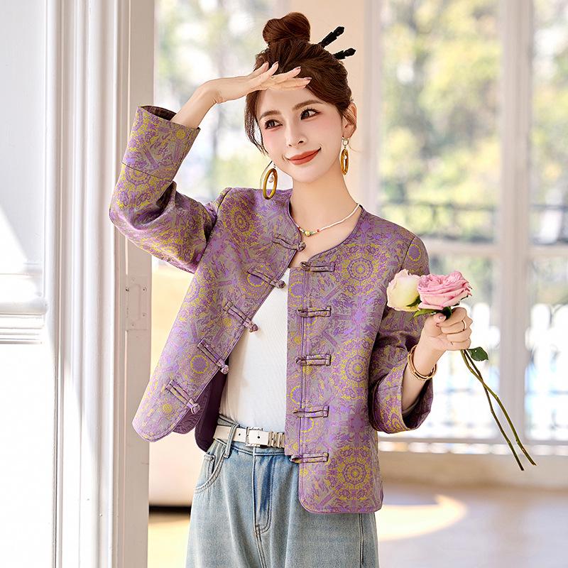Frühling/Herbst 2025 Damen Lila Jacquard Jacke mit Rundhalsausschnitt und Froschknöpfen - Neuer Chinesischer Nationalstil (RS2803)
