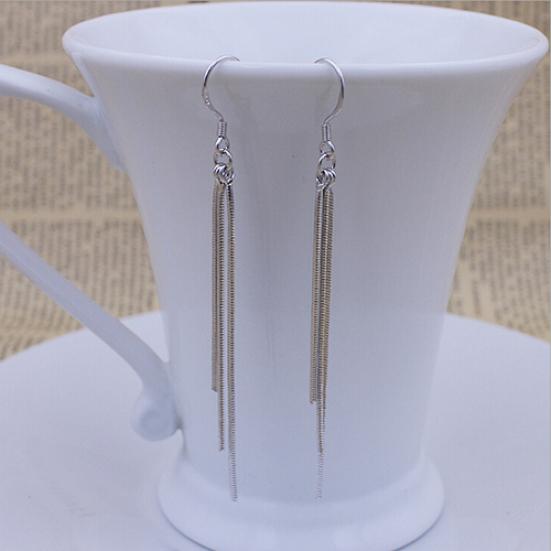 Women's Slim Tassel Hook Earrings Silver Plated Pendant Eardrop Wedding Jewelry