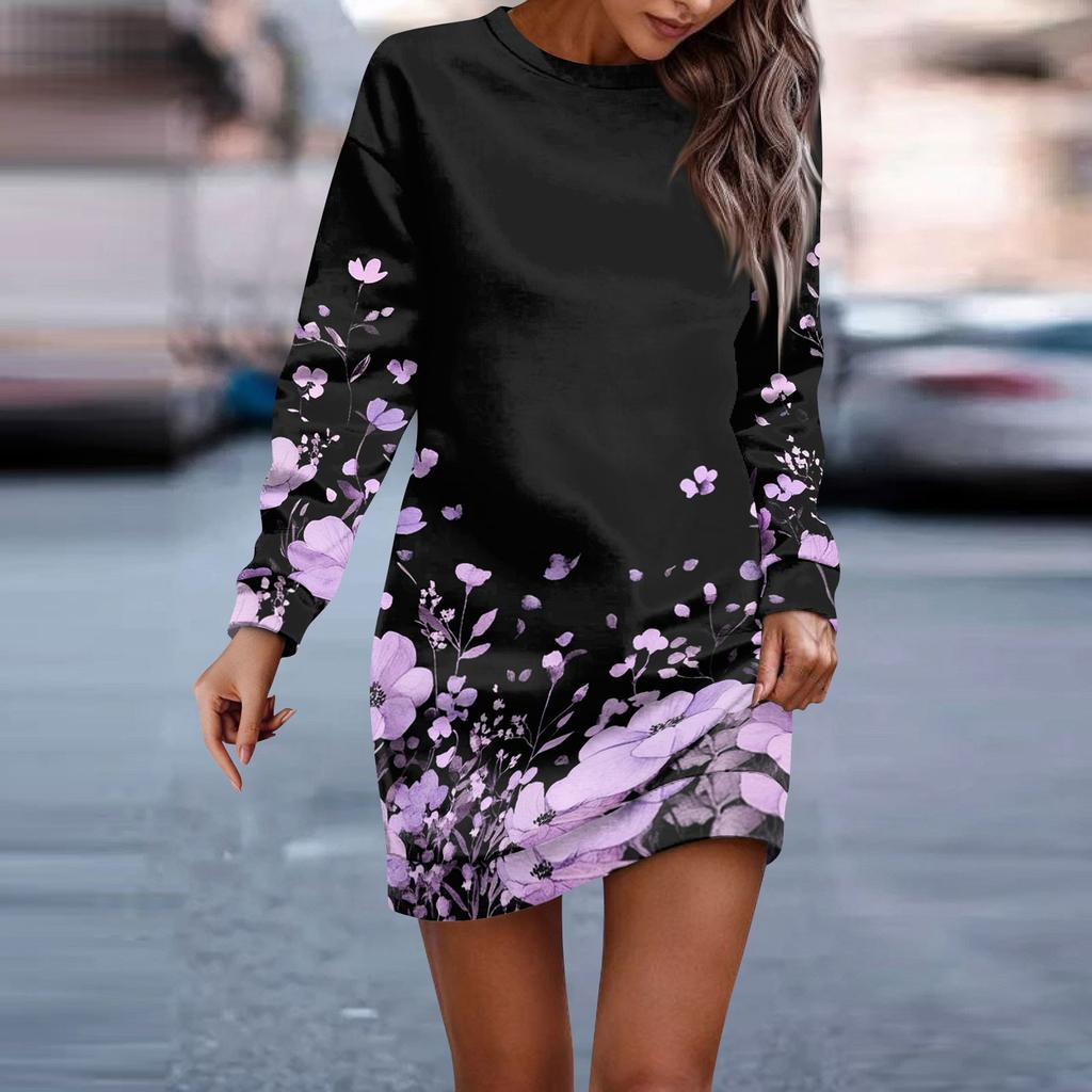 Women's Round Neck Vintage Floral Print Long Sleeve Wrap Dress Sweatshirt Dresses