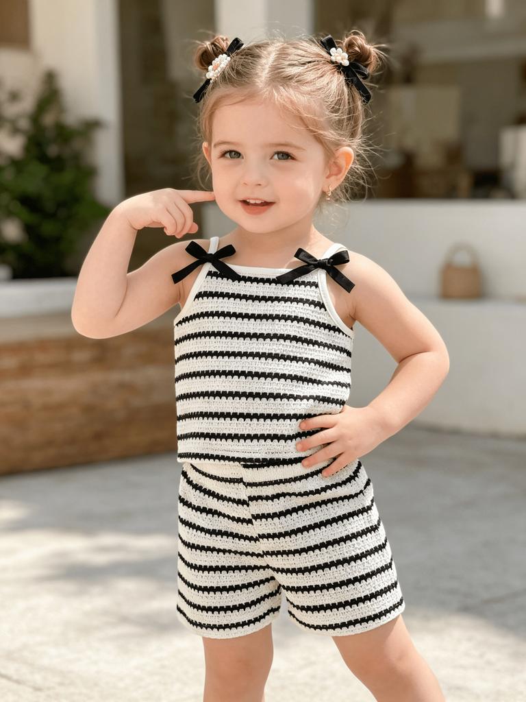 Black White Stripe Bow Cami Top & Shorts Girls 2 Piece Outfit Set