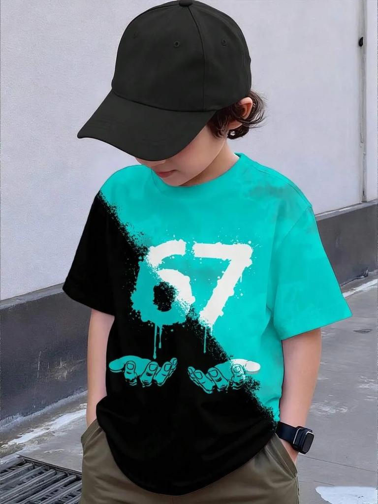 Dětské vtipné tričko se šesti sedmi grafickým potiskem číslo 67 kulatý výstřih roztomilý ležérní styl krátký rukáv pohodlné tričko oblečení