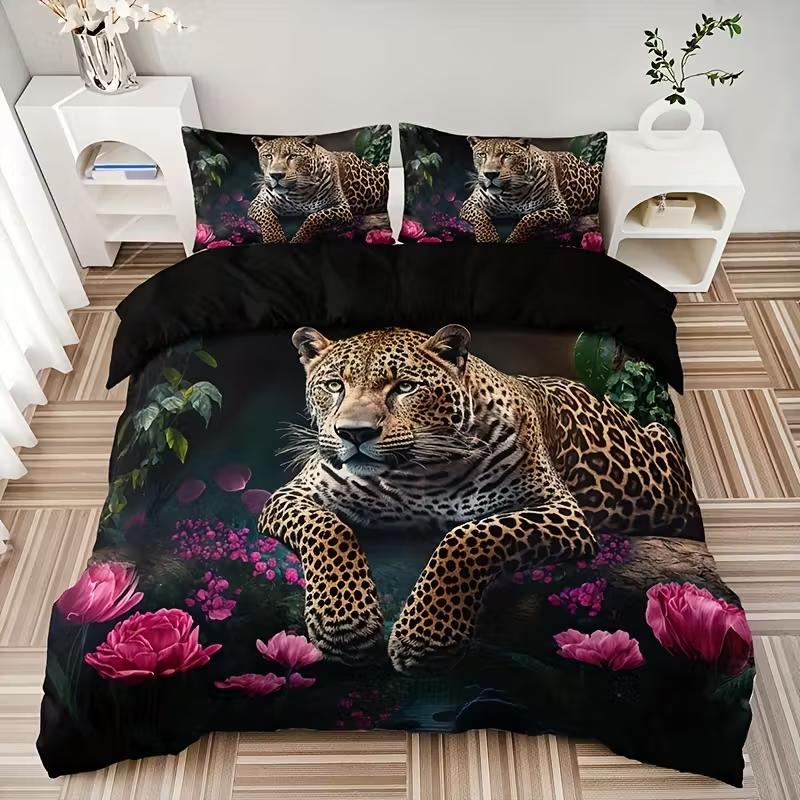 3Pcs Duvet Cover Set Wild Animal Leopard Rose Bedding Set All Season Quilt Cover Bedroom Decoration Gifts