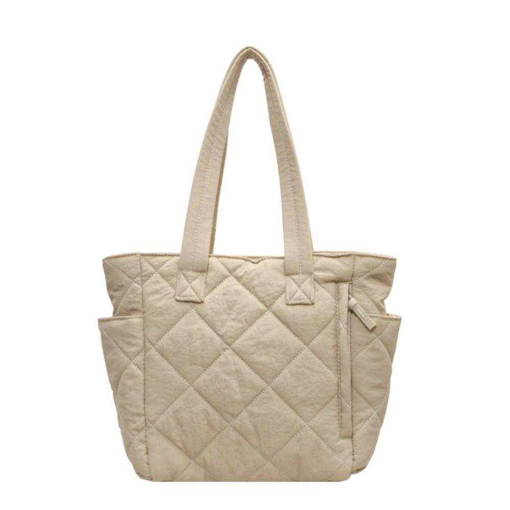 Casual Large Capacity Quilted Cotton Tote Bag Soft Solid Color Lingge Shoulder Bag Portable Thickened Commuting Handbag Travel