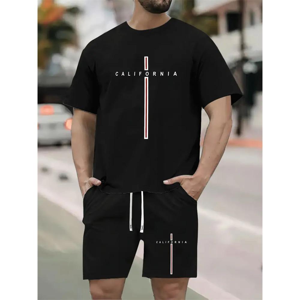 Summer Solid Color Letters Printed Suit Casual Sportswear Men's Suit Short-Sleeved T Shirt Street Hip-Hop Two-Piece Set
