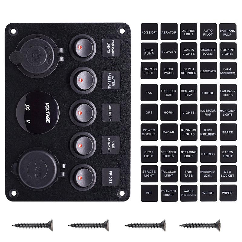 Truck Dual USB 5 Gang Toggle Control Switch Panel RED LED Voltmeter 12V 24V Car Boat Marine
