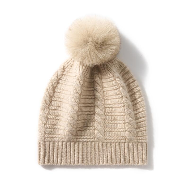 Cashmere Autumn and Winter New Style Women's High End Solid Color Twisted Horizontal Stripe Fur Ball Warm Fashion Knitted Casual Hat