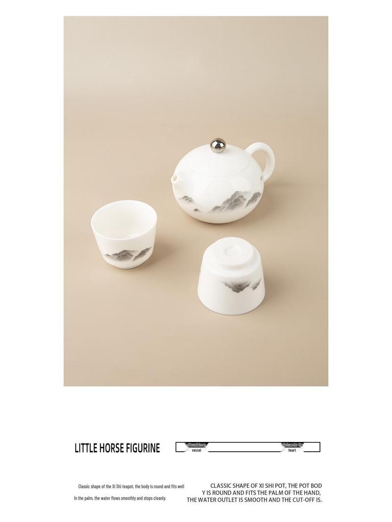Sheep Fat Jade Portable Ceramic Tea Set - One Pot, Two Cups, Travel-Friendly Souvenir.