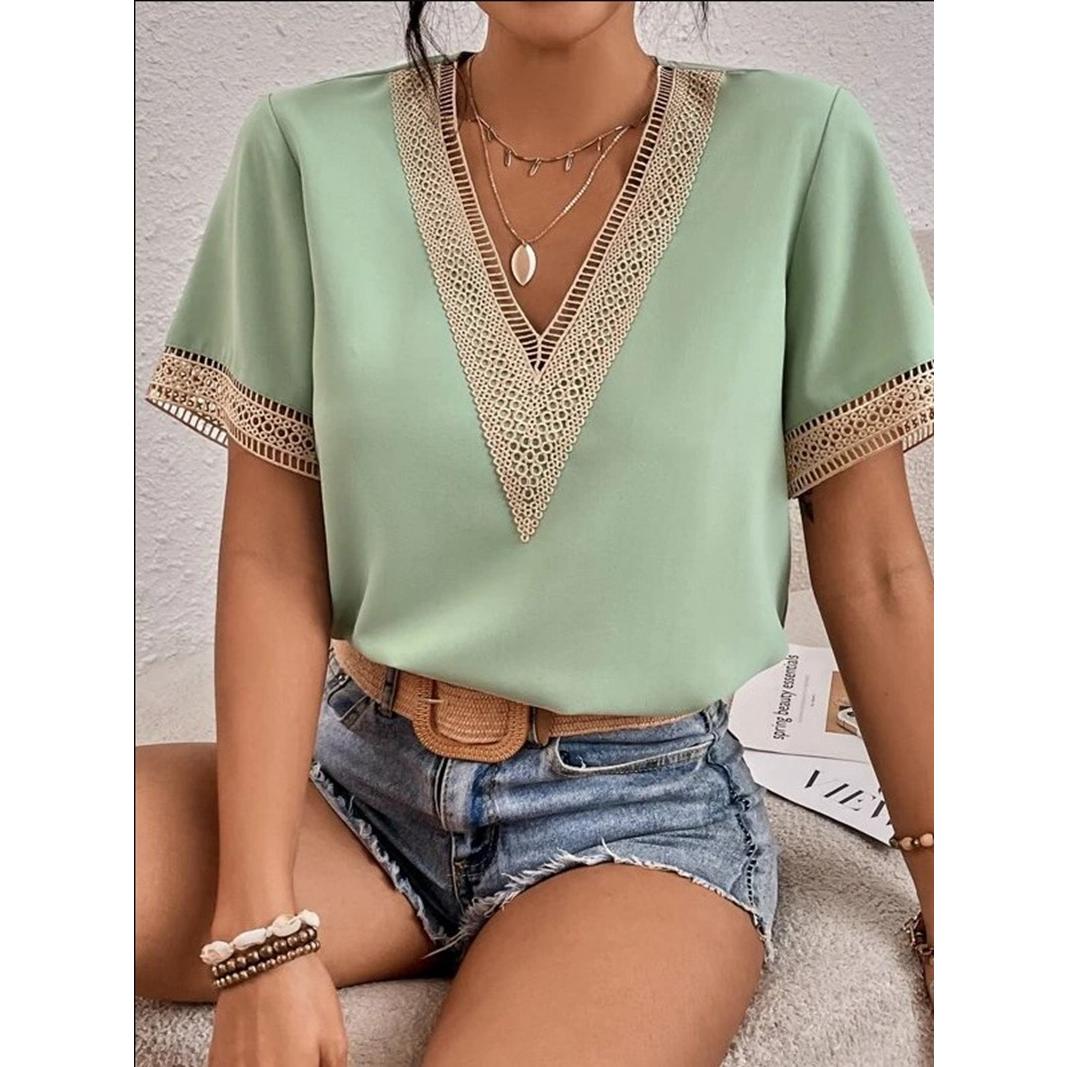 

Женские летние топы, модная одежда, повседневные шифоновые блузки с v-образным вырезом, футболки с короткими рукавами, женские цветные свободные кружевные рубашки XXXL светло-зеленый