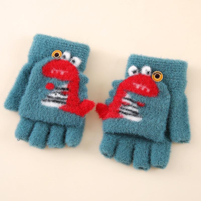Dětské roztomilé kreslené dinosauří palčáky s odklápěcí horní částí: Hřejivé vlněné rukavice bez prstů na zimu