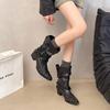 Fashion Woman Black Punk Mid-Calf Platform Low Heel Trend Punk Gothic New Rock Leather Fashion Women Chunky Knight Motorcycle Footwear