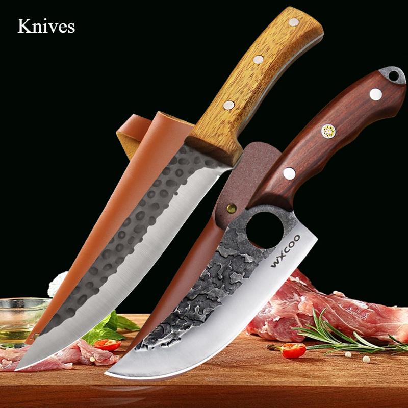 3PCS,Forged Multi-purpose Knife Hammer Pattern Butcher Boning Knife Meat Cleaver Stainless Steel Fish Knife Barbecue Knives
